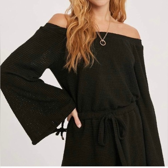 Blue ivy Long sleeve black 2 layer off the shoulder waffle romper - Picture 3 of 11